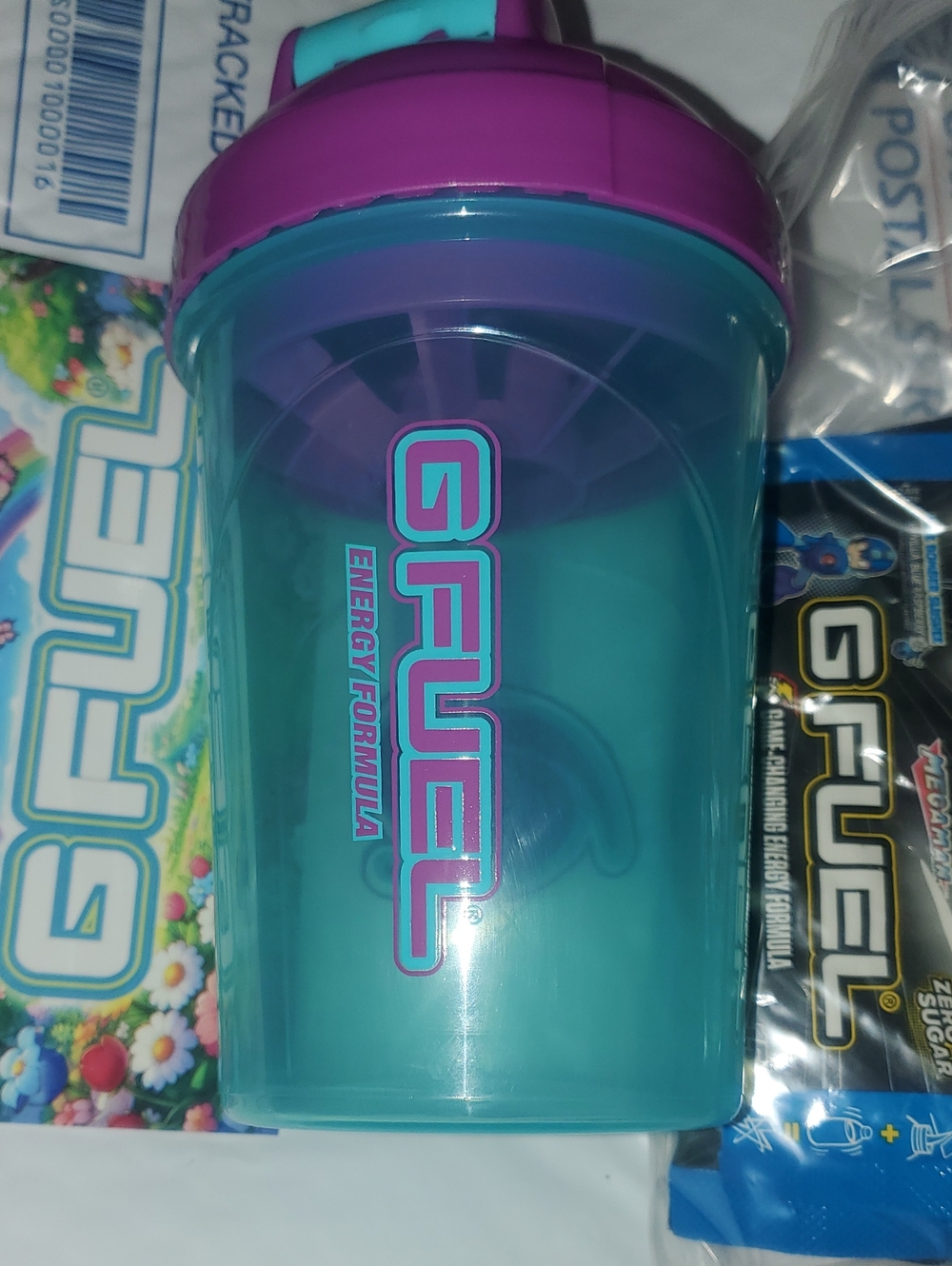 GFuel Shaker Cup in Teal & Purple + Sticker Sample Packets